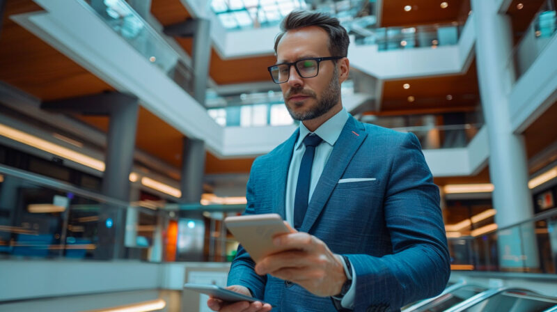 Abstract concept image of a businessman holding a tablet, symbolizing the adaptability and responsiveness of enterprise web applications across mobile devices.